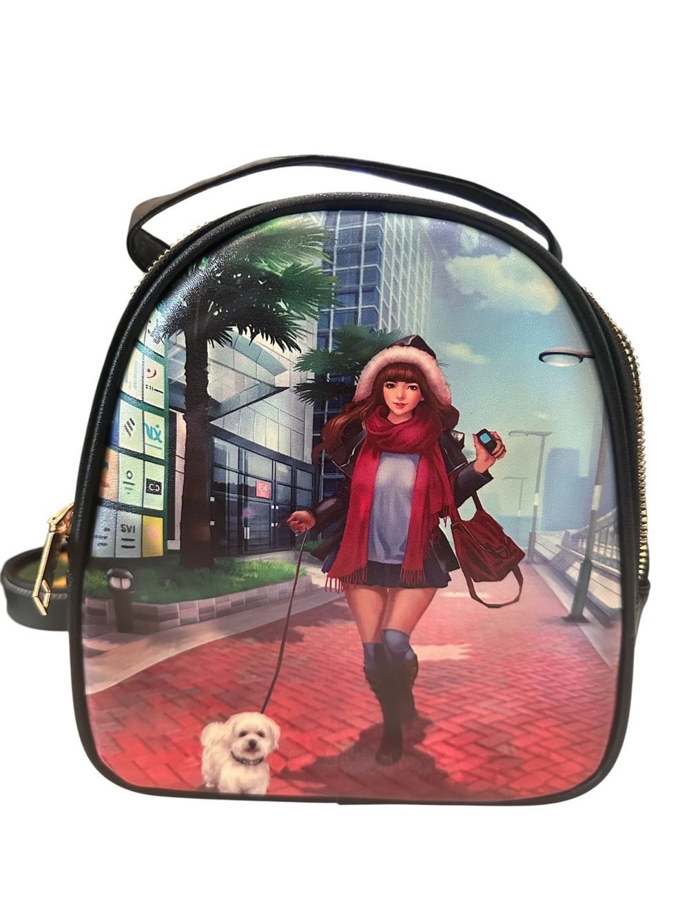Black Anime Girl & Dog Convertible Mini Backpack Crossbody Bag